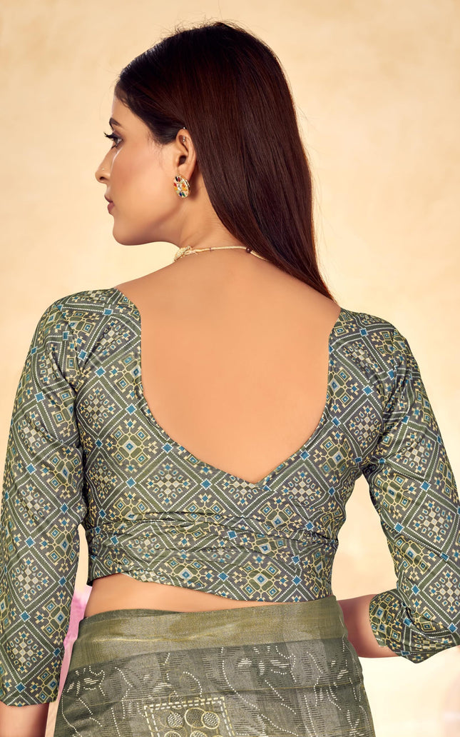 Checkered, Color Block Bollywood Chanderi, Cotton Silk Saree (Grey)