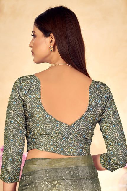 Checkered, Color Block Bollywood Chanderi, Cotton Silk Saree (Grey)