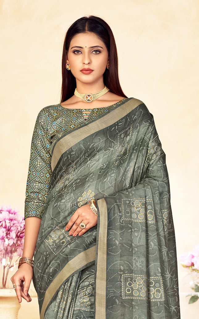 Checkered, Color Block Bollywood Chanderi, Cotton Silk Saree (Grey)