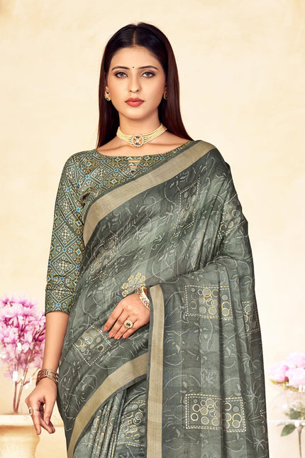 Checkered, Color Block Bollywood Chanderi, Cotton Silk Saree (Grey)