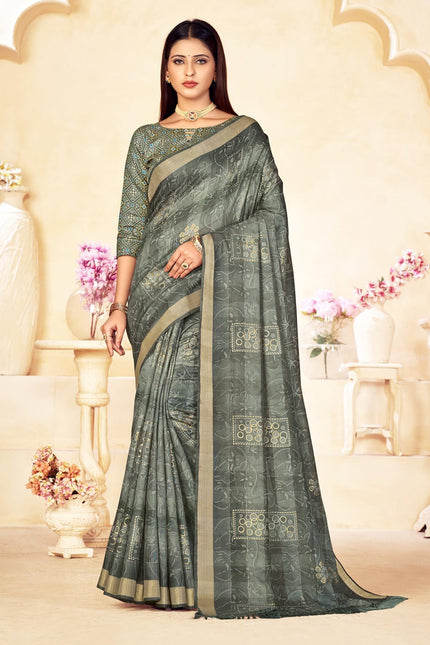 Checkered, Color Block Bollywood Chanderi, Cotton Silk Saree (Grey)
