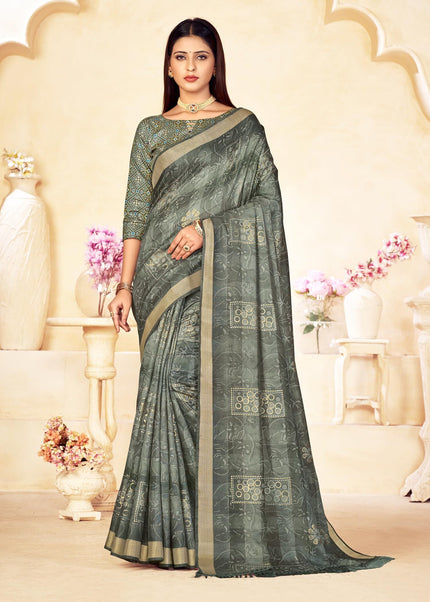 Checkered, Color Block Bollywood Chanderi, Cotton Silk Saree (Grey)