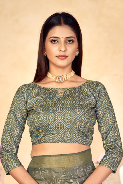 Checkered, Color Block Bollywood Chanderi, Cotton Silk Saree (Grey)