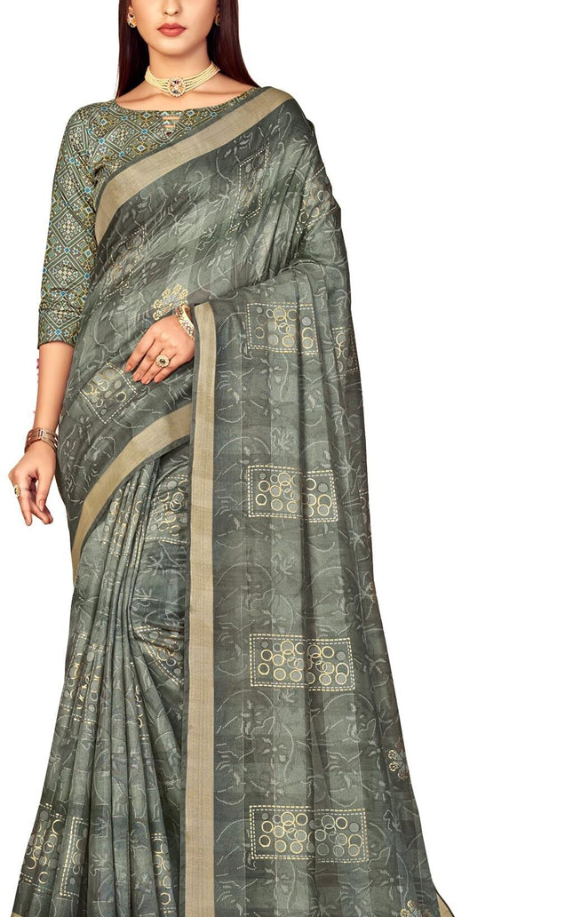 Checkered, Color Block Bollywood Chanderi, Cotton Silk Saree (Grey)