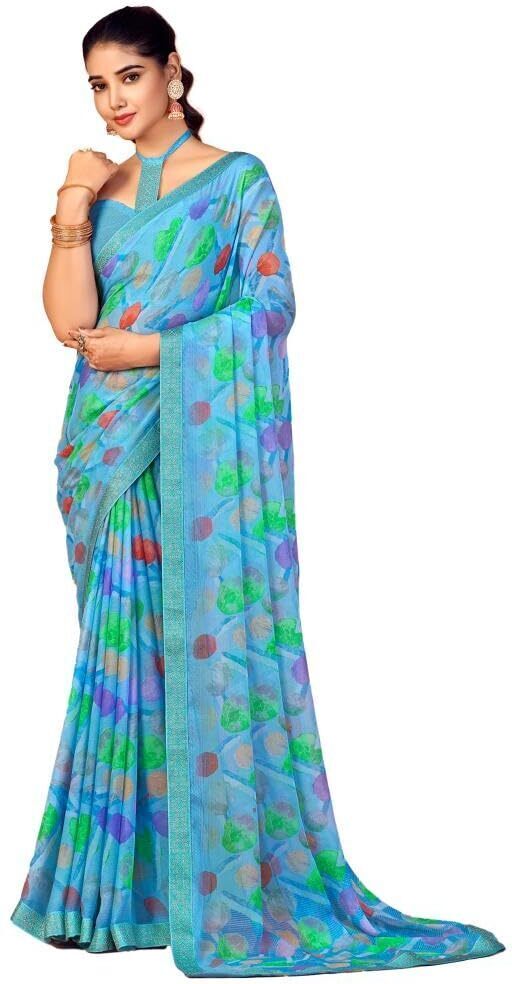 Geometric Print, Graphic Print, Printed Bandhani Chiffon, Lace Saree (Blue)