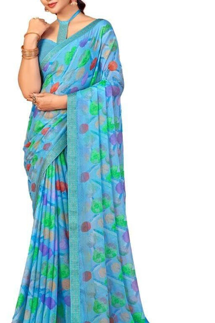 Geometric Print, Graphic Print, Printed Bandhani Chiffon, Lace Saree (Blue)