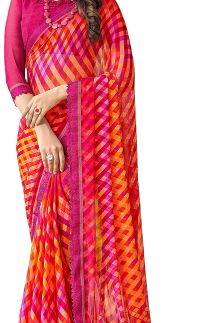 Geometric Print, Graphic Print Bollywood Chiffon, Lace Saree (Pink)