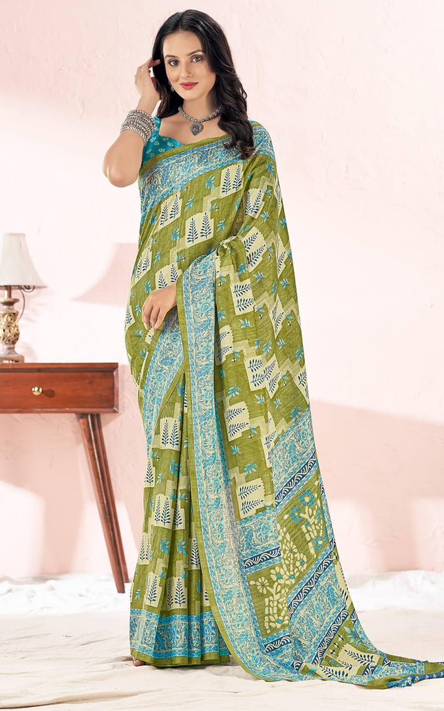 Printed Daily Wear Cotton Silk, Tussar Silk Saree (Light Green)