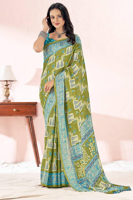 Printed Daily Wear Cotton Silk, Tussar Silk Saree (Light Green)