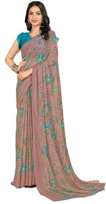 Floral Print, Graphic Print Kalamkari Chiffon, Georgette Saree (Roase Taupe)