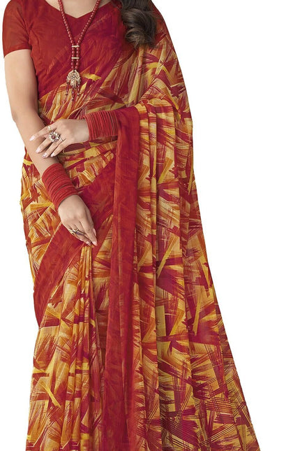 Geometric Print, Graphic Print Bollywood Chiffon, Georgette Saree (Red)