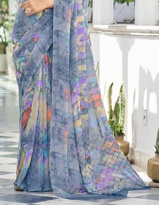 Geometric Print, Graphic Print Bollywood Chiffon, Georgette Saree (Grey)