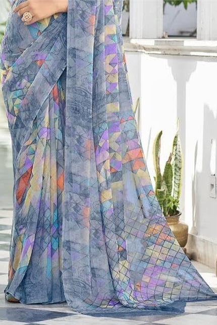 Geometric Print, Graphic Print Bollywood Chiffon, Georgette Saree (Grey)