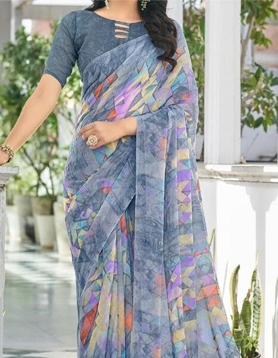 Geometric Print, Graphic Print Bollywood Chiffon, Georgette Saree (Grey)