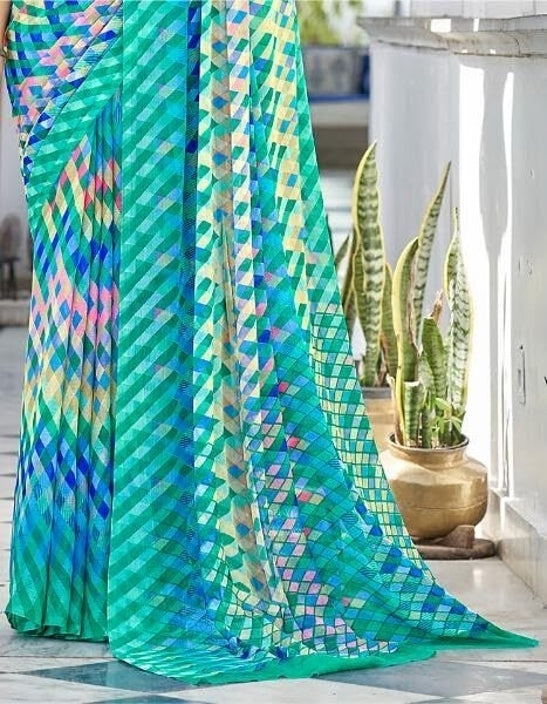 Geometric Print, Graphic Print Bollywood Chiffon, Georgette Saree (Teal Green)