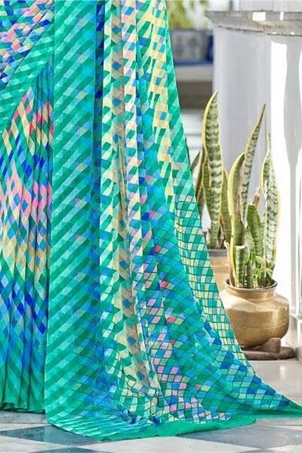 Geometric Print, Graphic Print Bollywood Chiffon, Georgette Saree (Teal Green)