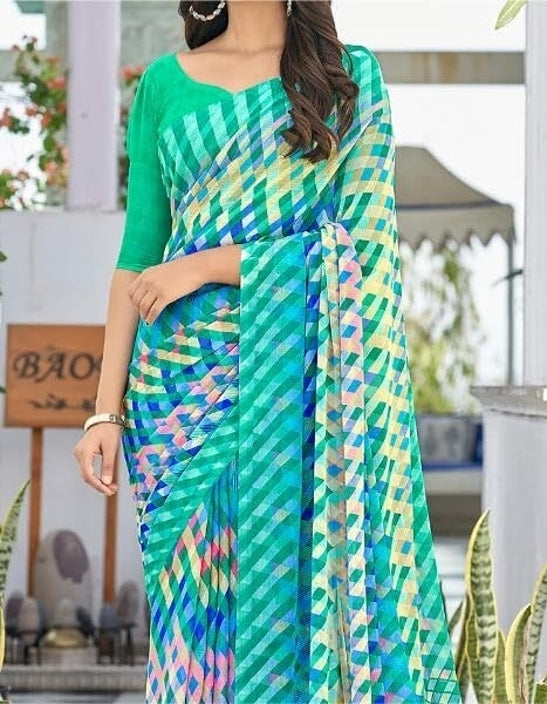 Geometric Print, Graphic Print Bollywood Chiffon, Georgette Saree (Teal Green)
