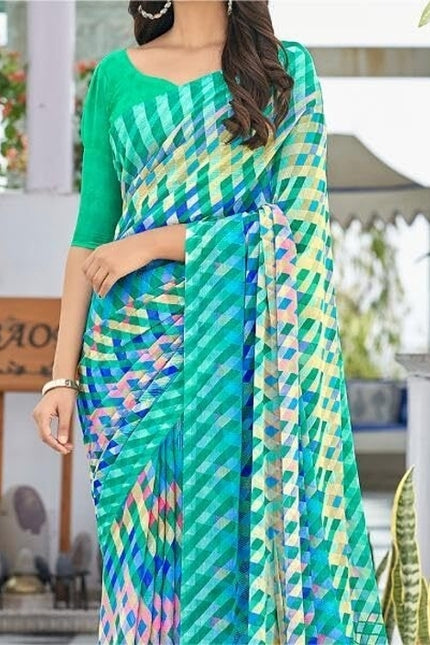 Geometric Print, Graphic Print Bollywood Chiffon, Georgette Saree (Teal Green)