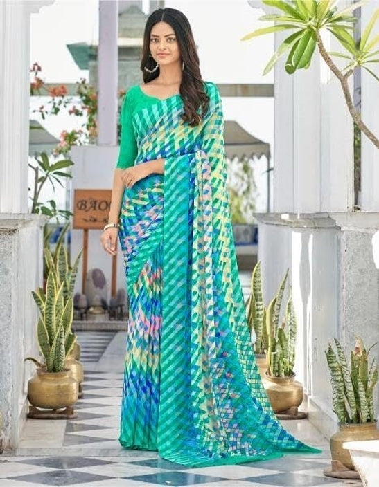 Geometric Print, Graphic Print Bollywood Chiffon, Georgette Saree (Teal Green)