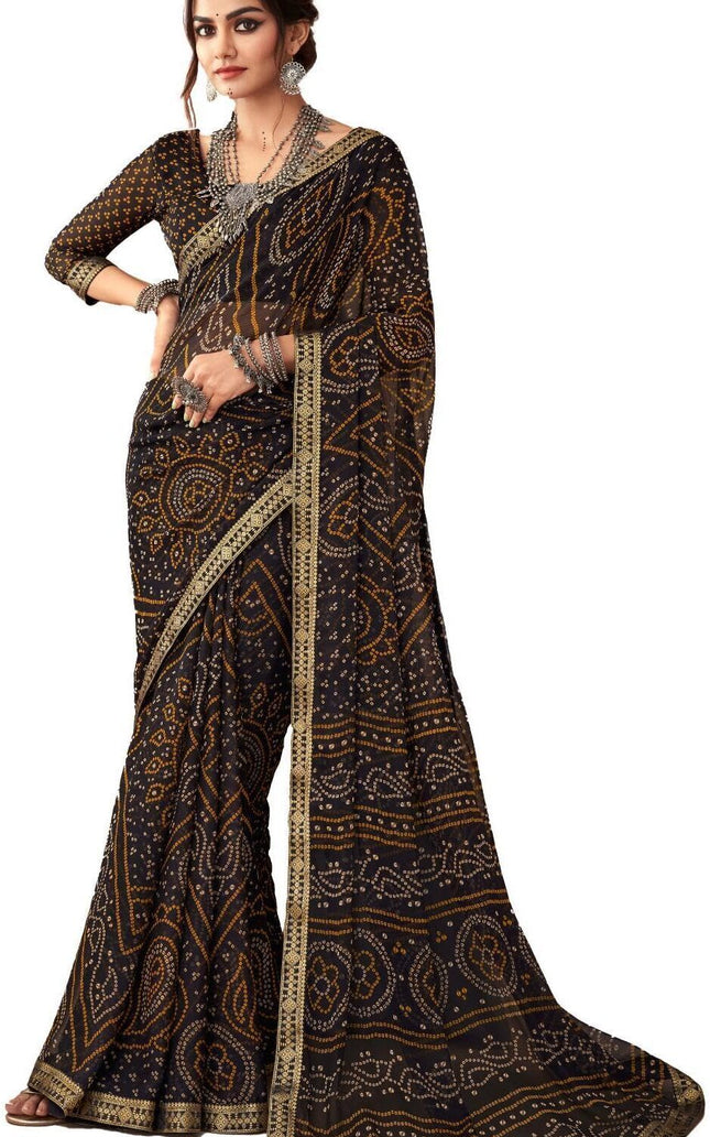 Graphic Print, Printed Bandhani Chiffon, Georgette Saree (Black)