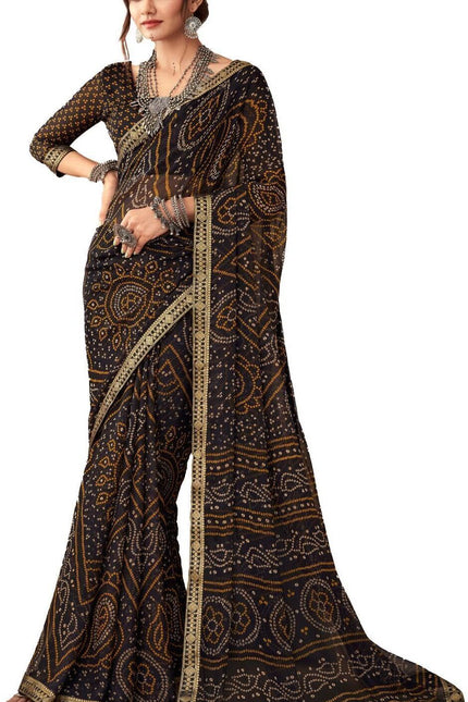 Graphic Print, Printed Bandhani Chiffon, Georgette Saree (Black)