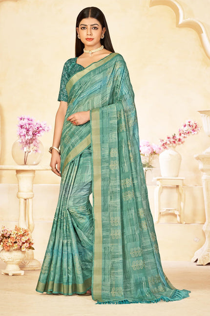 Checkered, Color Block Bollywood Chanderi, Cotton Silk Saree (Green)