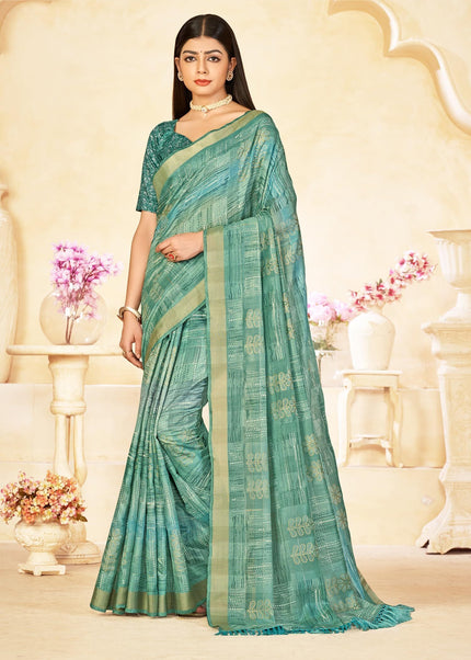 Checkered, Color Block Bollywood Chanderi, Cotton Silk Saree (Green)