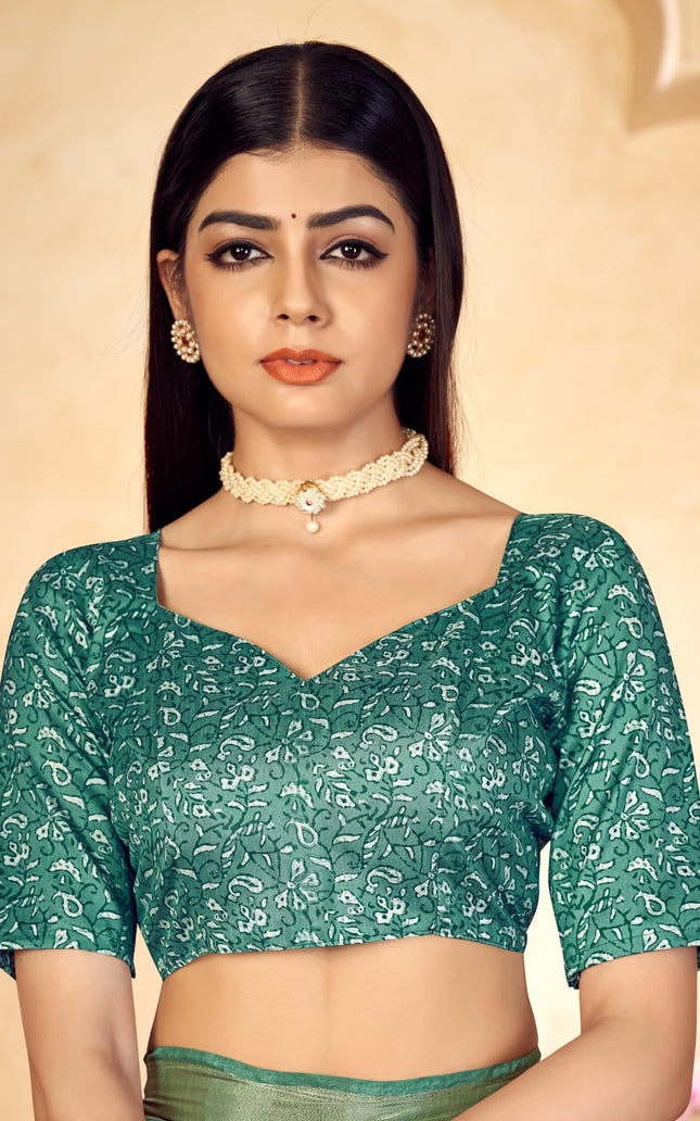 Checkered, Color Block Bollywood Chanderi, Cotton Silk Saree (Green)