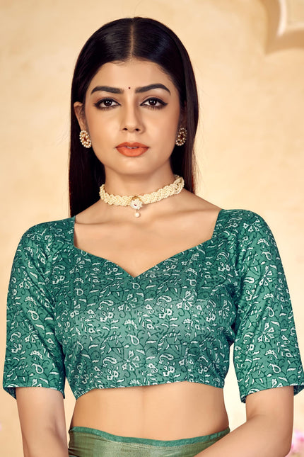 Checkered, Color Block Bollywood Chanderi, Cotton Silk Saree (Green)