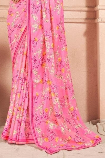Floral Print, Graphic Print Kalamkari Chiffon, Lace Saree (Pink)