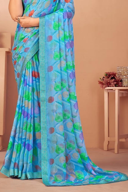 Geometric Print, Graphic Print, Printed Bandhani Chiffon, Lace Saree (Blue)