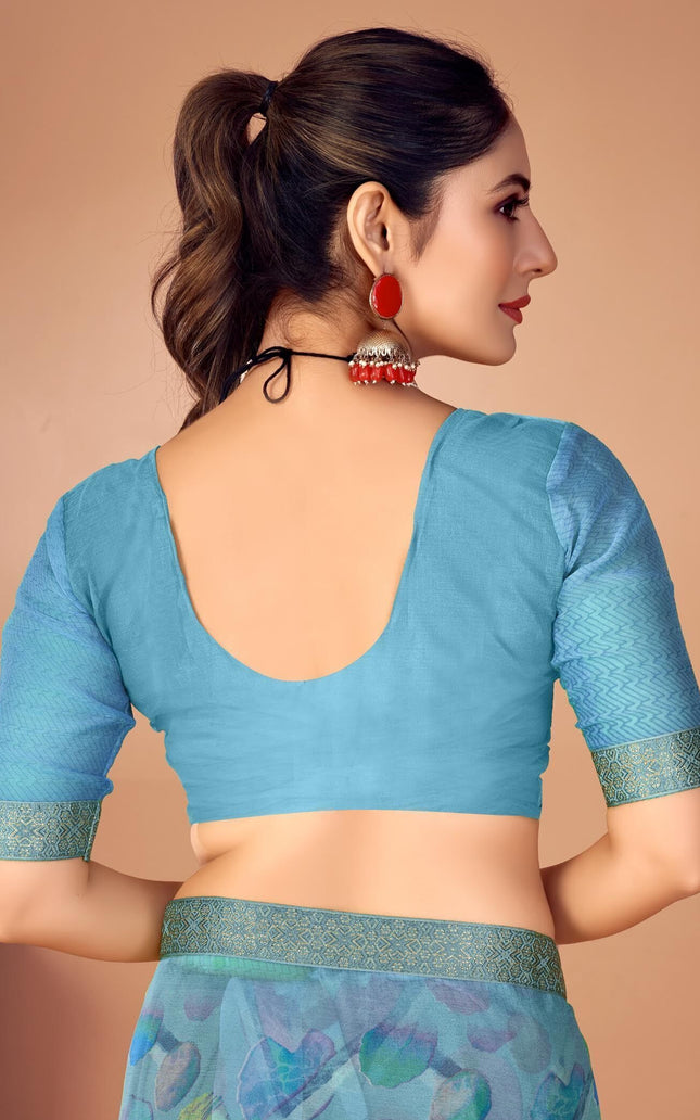 Geometric Print, Graphic Print, Printed Bandhani Chiffon, Lace Saree (Blue)