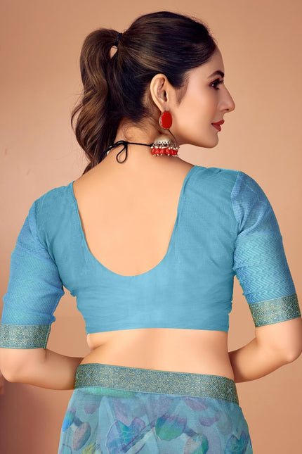 Geometric Print, Graphic Print, Printed Bandhani Chiffon, Lace Saree (Blue)