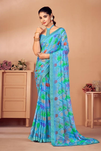 Geometric Print, Graphic Print, Printed Bandhani Chiffon, Lace Saree (Blue)