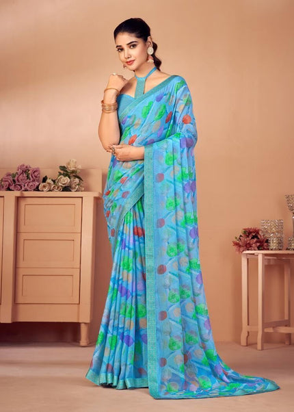 Geometric Print, Graphic Print, Printed Bandhani Chiffon, Lace Saree (Blue)
