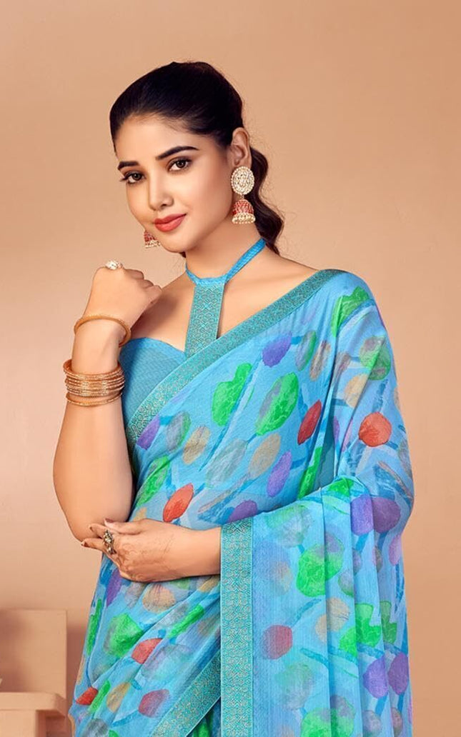 Geometric Print, Graphic Print, Printed Bandhani Chiffon, Lace Saree (Blue)