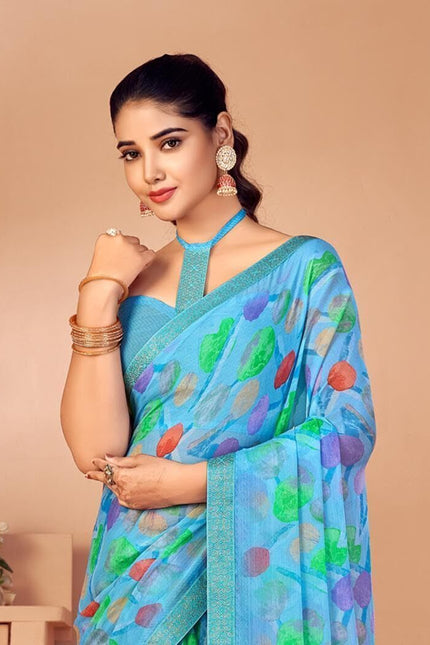 Geometric Print, Graphic Print, Printed Bandhani Chiffon, Lace Saree (Blue)