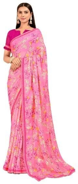 Floral Print, Graphic Print Kalamkari Chiffon, Lace Saree (Pink)