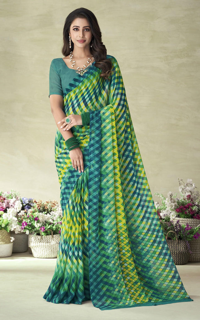 Geometric Print Bollywood Chiffon, Georgette Saree (Blue)