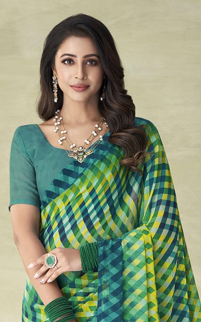 Geometric Print Bollywood Chiffon, Georgette Saree (Blue)