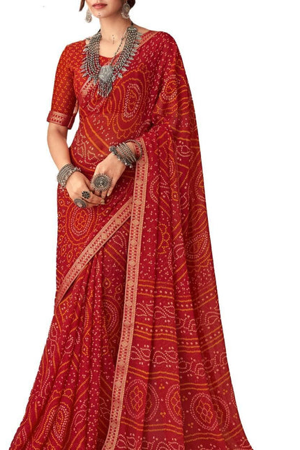Graphic Print, Printed Bandhani Chiffon, Georgette Saree (Red)