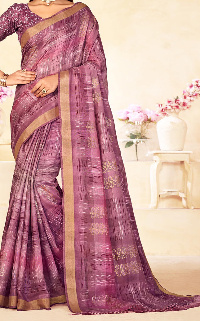 Checkered, Color Block Bollywood Chanderi, Cotton Silk Saree (Purple)