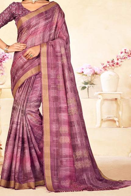 Checkered, Color Block Bollywood Chanderi, Cotton Silk Saree (Purple)