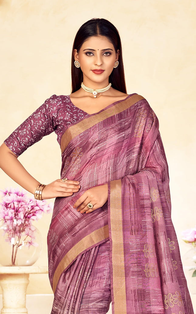 Checkered, Color Block Bollywood Chanderi, Cotton Silk Saree (Purple)