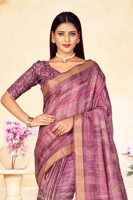 Checkered, Color Block Bollywood Chanderi, Cotton Silk Saree (Purple)