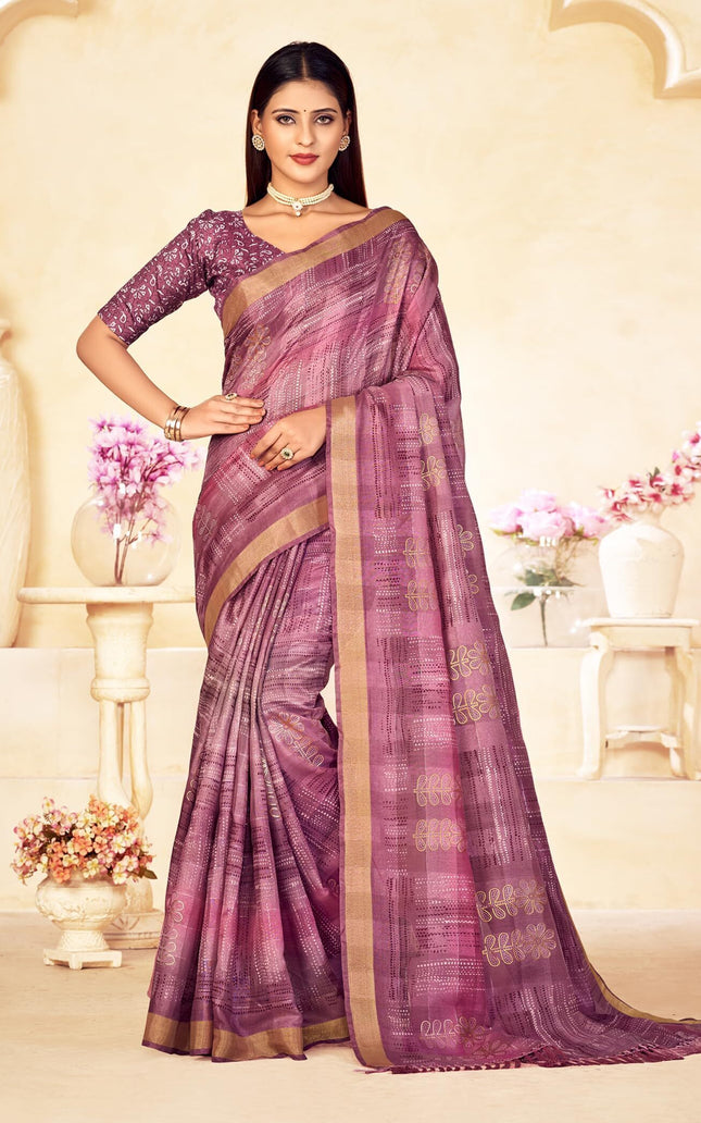 Checkered, Color Block Bollywood Chanderi, Cotton Silk Saree (Purple)