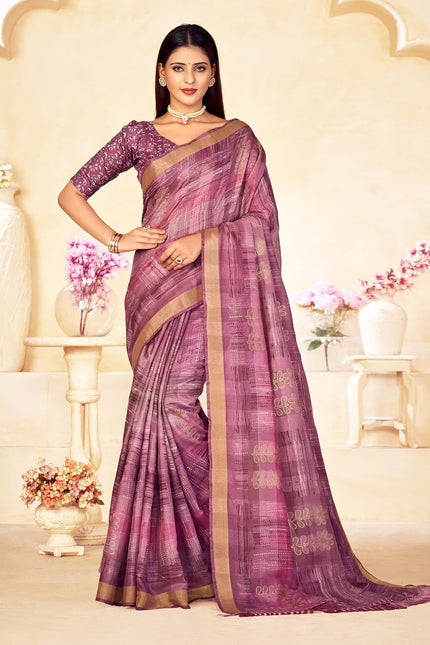 Checkered, Color Block Bollywood Chanderi, Cotton Silk Saree (Purple)