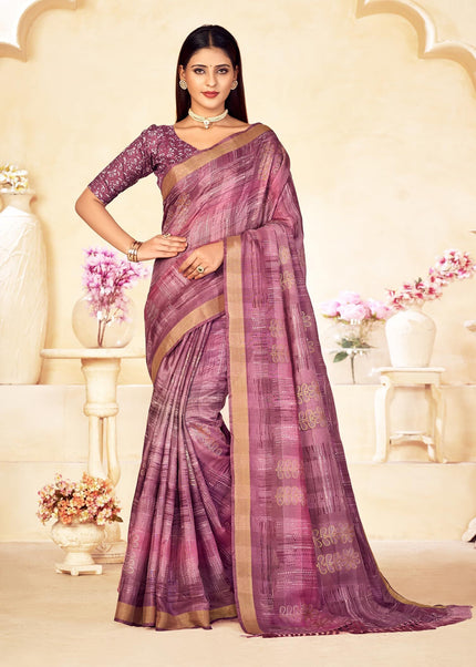 Checkered, Color Block Bollywood Chanderi, Cotton Silk Saree (Purple)