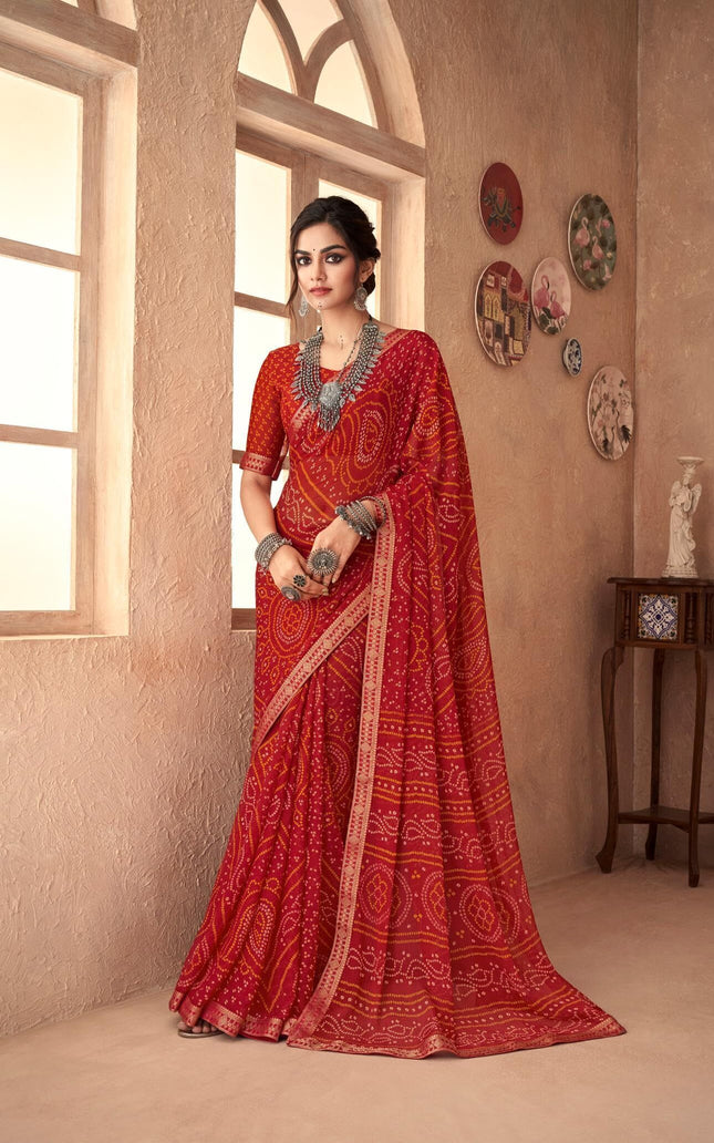 Graphic Print, Printed Bandhani Chiffon, Georgette Saree (Red)