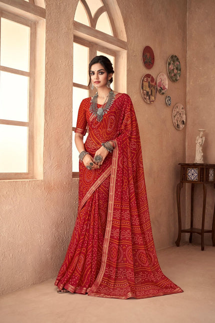 Graphic Print, Printed Bandhani Chiffon, Georgette Saree (Red)